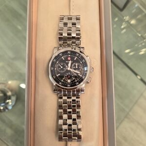Silver Chronograph Watch with Black Dial